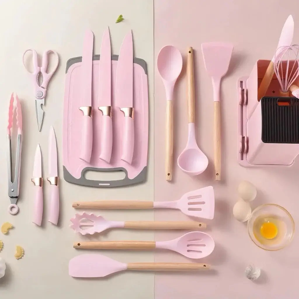 Conjunto de utensílios de silicone rosa com cabos de madeira ergonômicos Ricaly