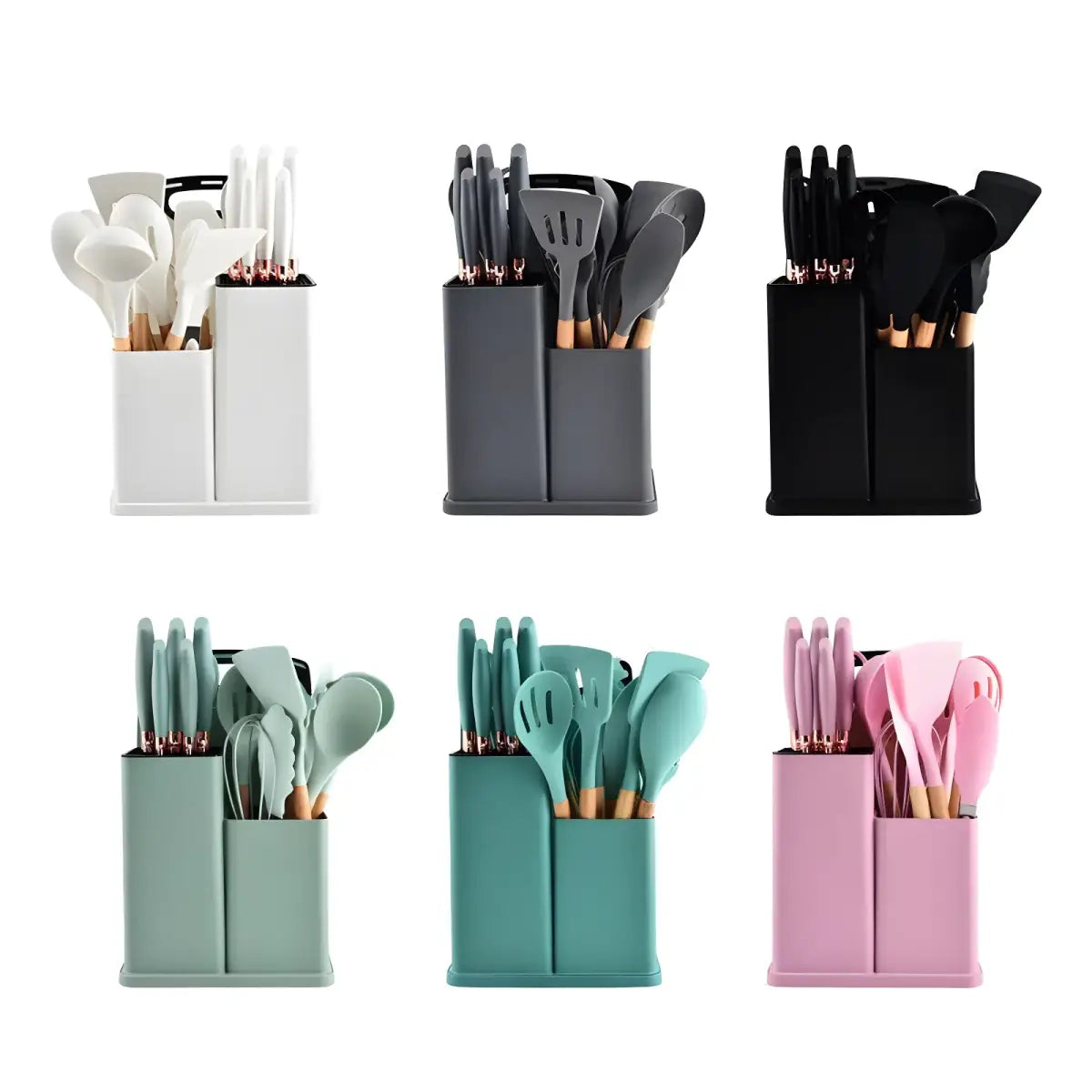 Conjunto de utensílios de silicone coloridos com cabos de madeira, essencial Ricaly