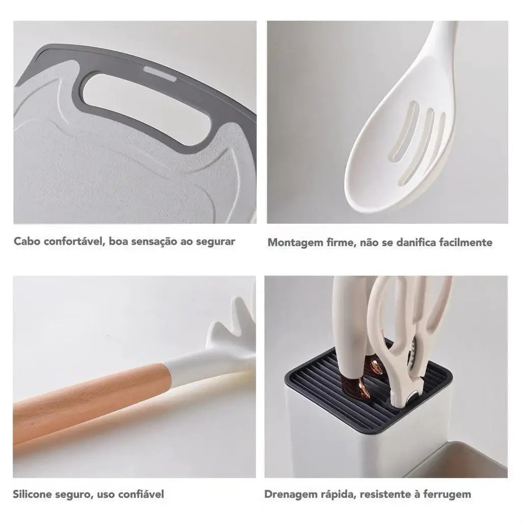 Conjunto de utensílios de silicone com cabo de madeira, ideal para cozinha Ricaly