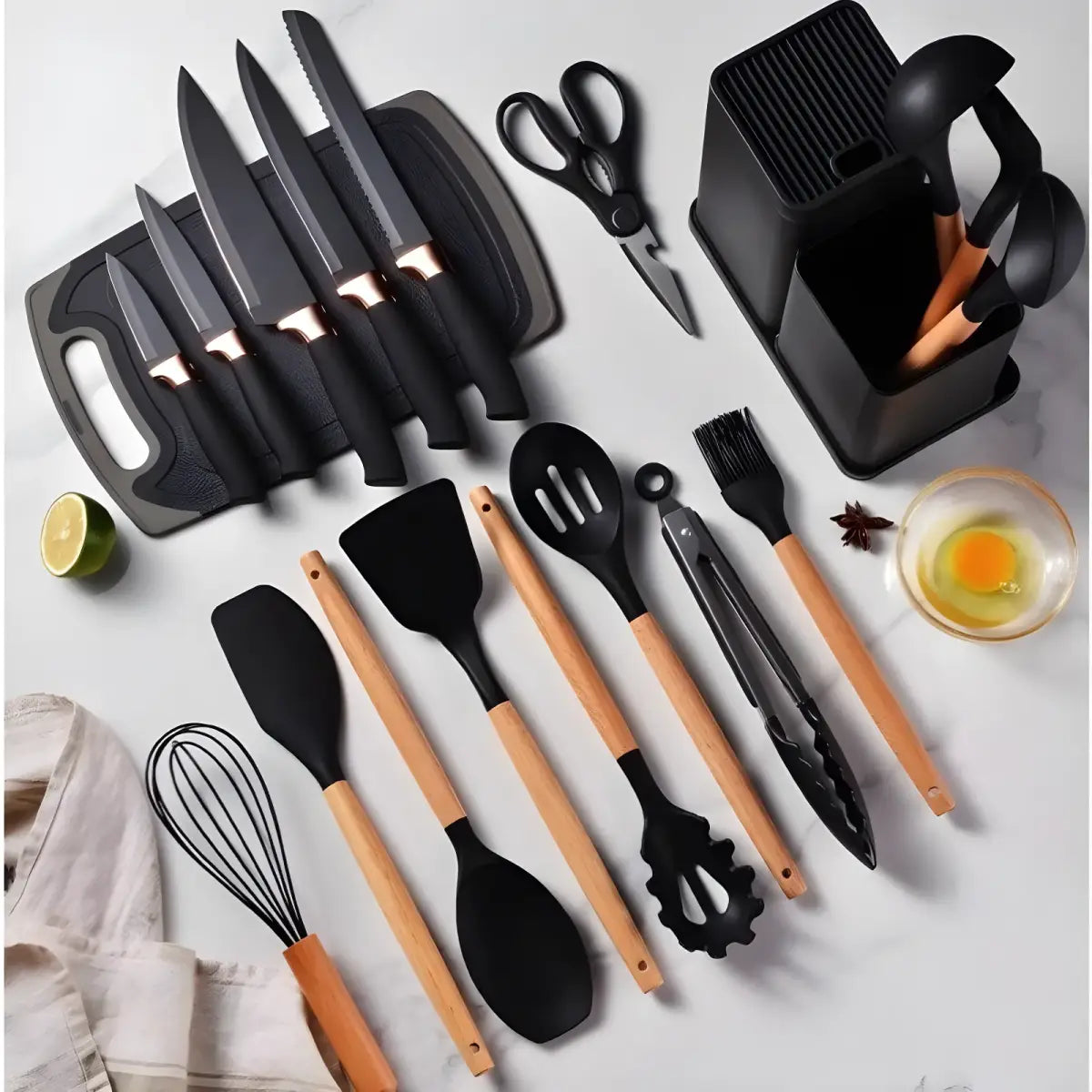 Conjunto de utensílios de silicone ergonômico com cabos de madeira Ricaly