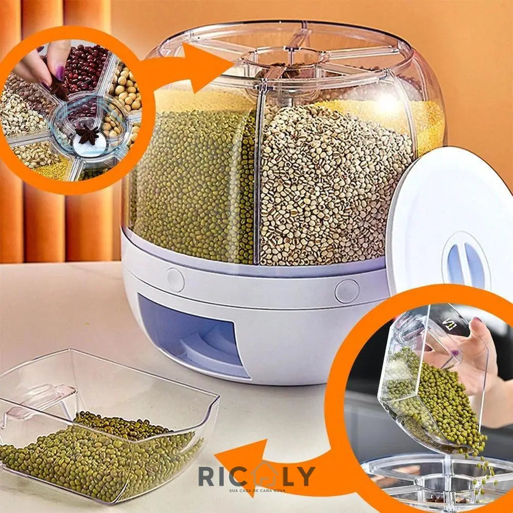 Dispenser Giratório para Cereais, Graos e Alimentos Secos - 6 Divisorias - Ricaly