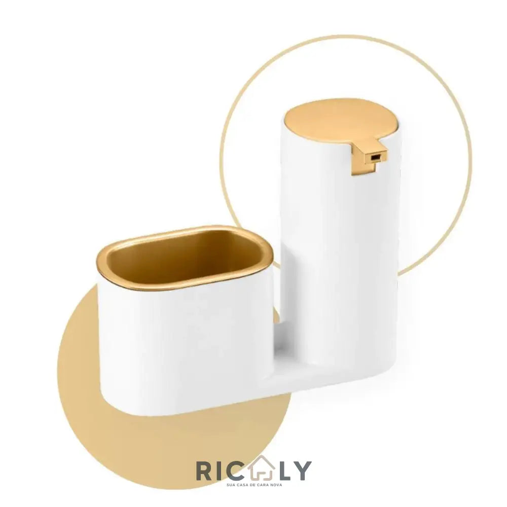 Dispenser Porta Detergente e Sabonete Líquido com Suporte para Bucha – Ricaly BRANCO E DOURADO