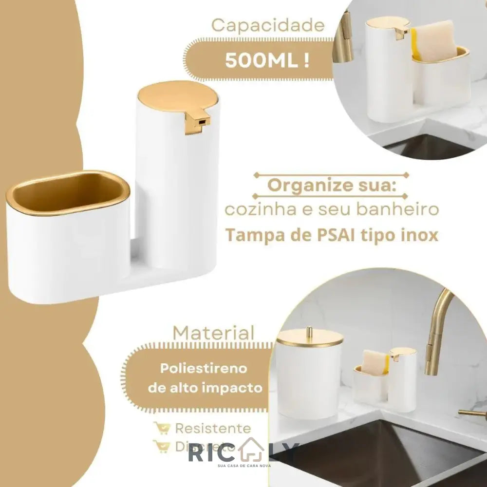 Dispenser Porta Detergente e Sabonete Líquido com Suporte para Bucha – Ricaly