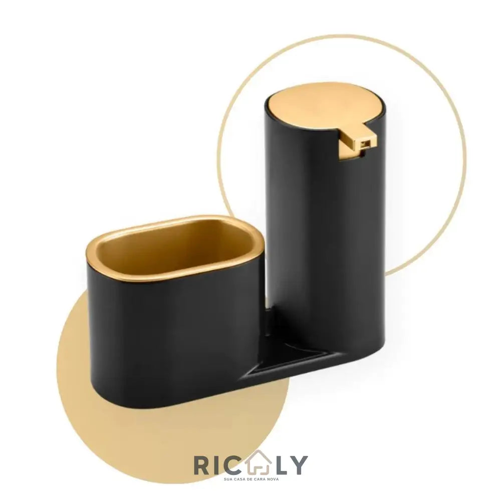 Dispenser Porta Detergente e Sabonete Líquido com Suporte para Bucha – Ricaly PRETO E DOURADO