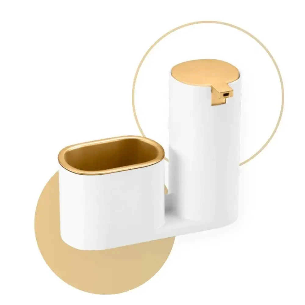 Dispenser Porta Detergente e Sabonete Líquido com Suporte para Bucha – Ricaly BRANCO E DOURADO