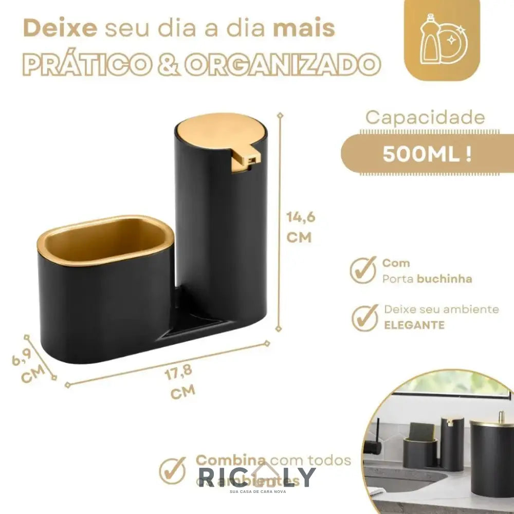 Dispenser Porta Detergente e Sabonete Líquido com Suporte para Bucha – Ricaly