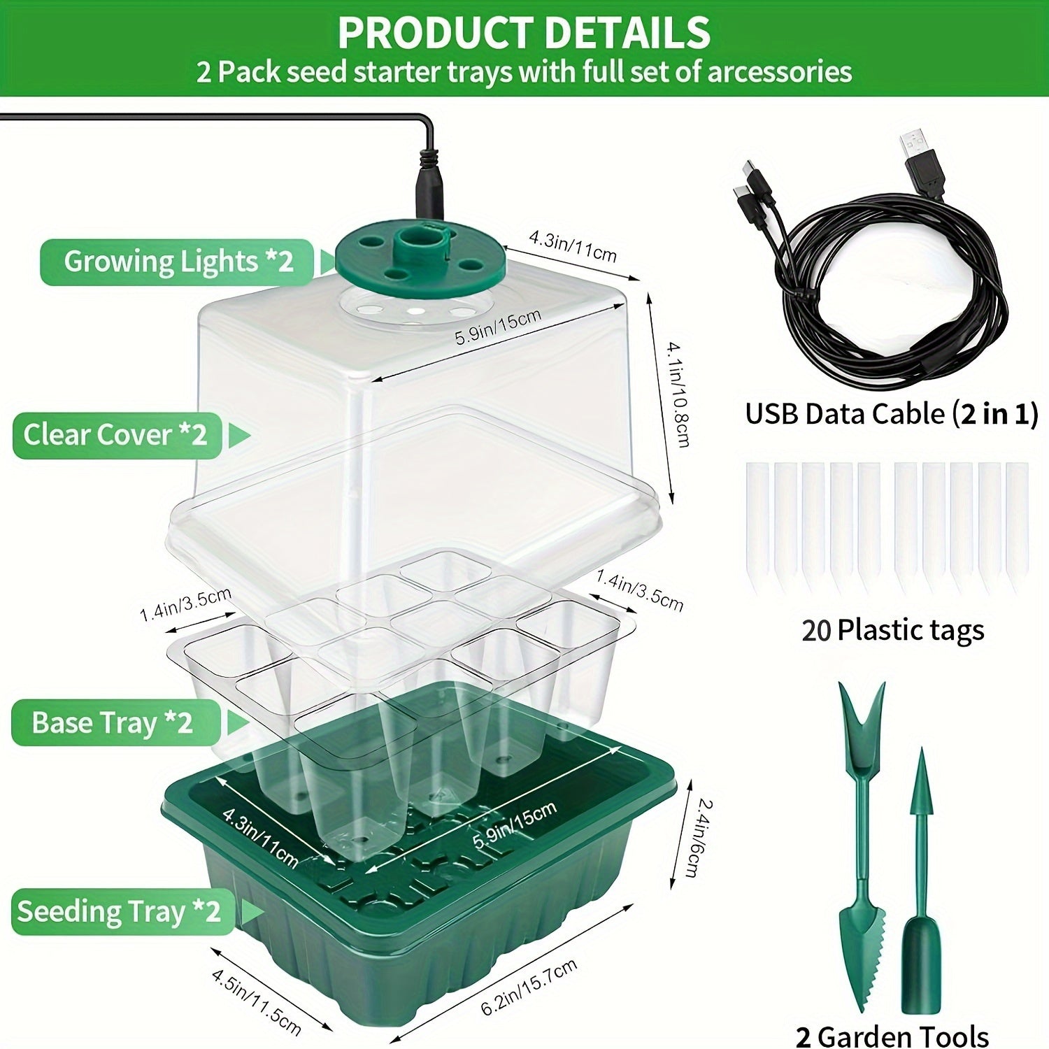 Mini Greenhouse: Kit de Germinação de Sementes com Luz de Crescimento - 2 Conjuntos com Cúpula Ajustável e 8 LEDs de Espectro Completo Ricaly