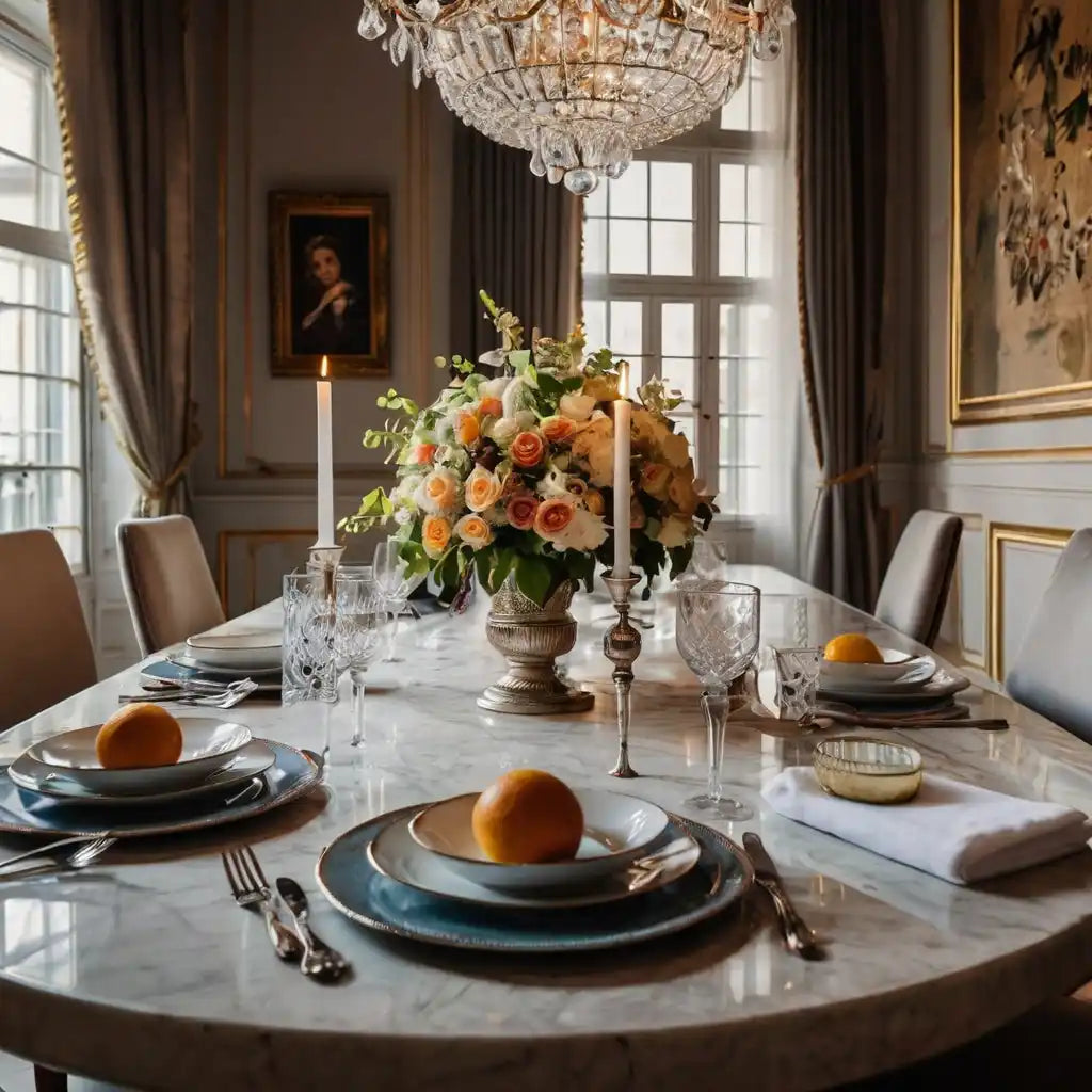 Conjunto de mesa de jantar elegante com candelabros de cristal, centro de mesa com flores pêssego e frutas cítricas sobre pratos com borda azul.