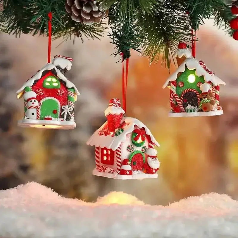 Enfeite Árvore Madeira Rústico Casinhas Iluminadas com Papai Noel para decoração natalina