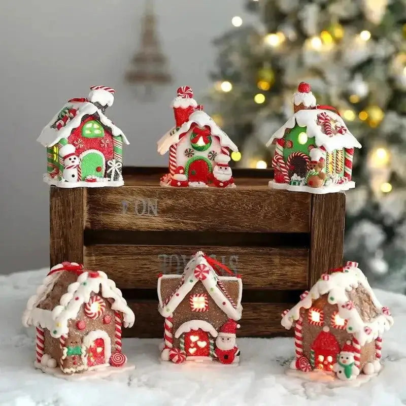 Figurinas de casinha de gengibre natalina em madeira rústica com iluminação Ricaly