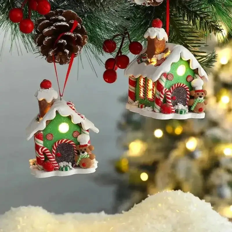 Enfeite de Natal pasta de gengibre com casinhas iluminadas para decoração de árvore