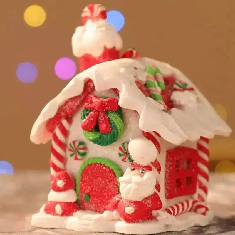 Enfeite de Natal com casinhas iluminadas em estilo rústico e tema de doces