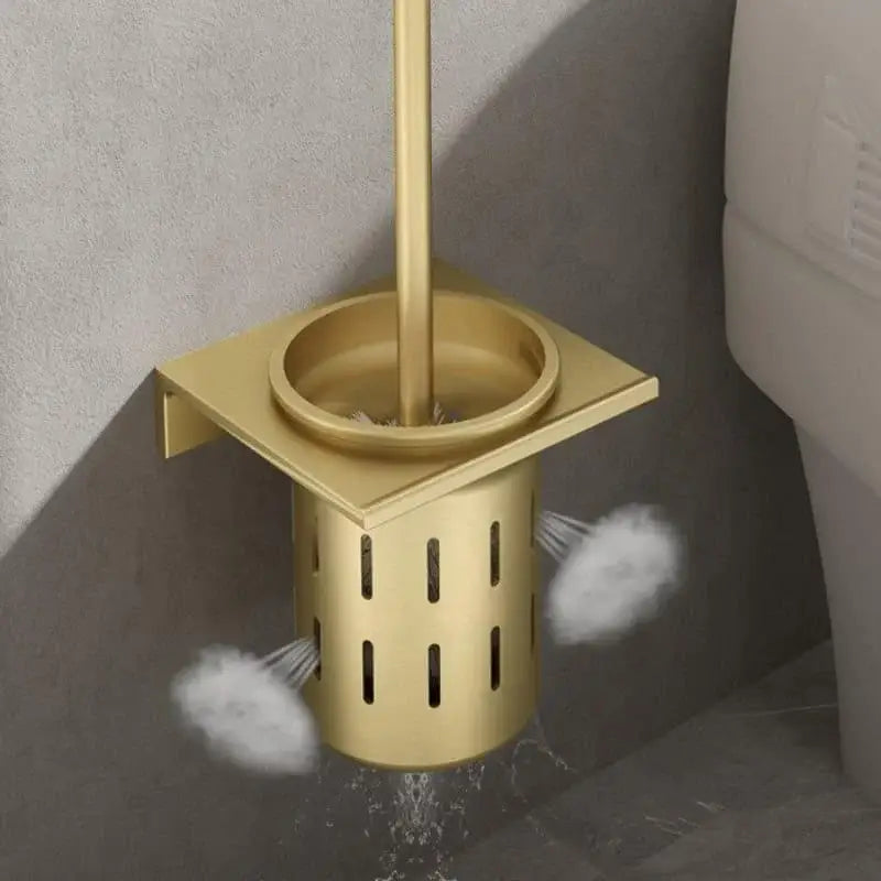 Escova sanitária dourada com suporte de alumínio resistente e slots de ventilação
