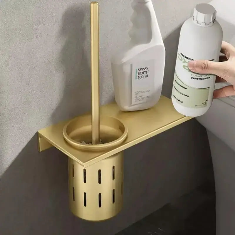 Escova sanitária dourada com suporte e prateleira em alumínio resistente elegante