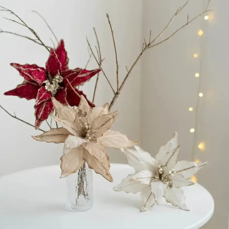 Arranjo floral natalino com poinsettia festiva para Enfeites Árvore Flor Dourada Ricaly