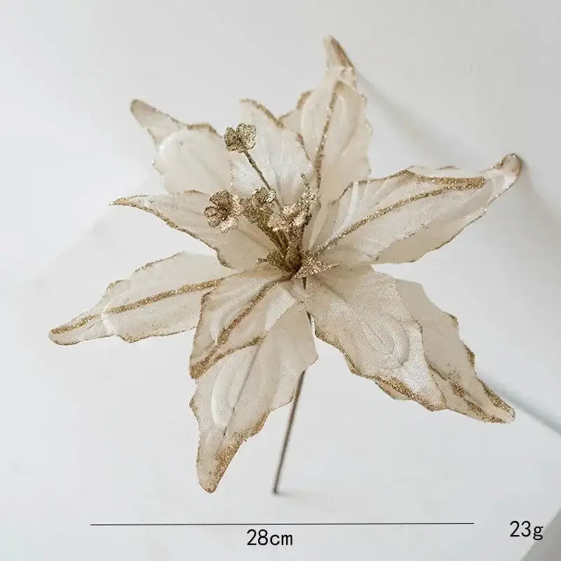 Flor de poinsettia artificial com detalhes dourados e glitter para decoração natalina