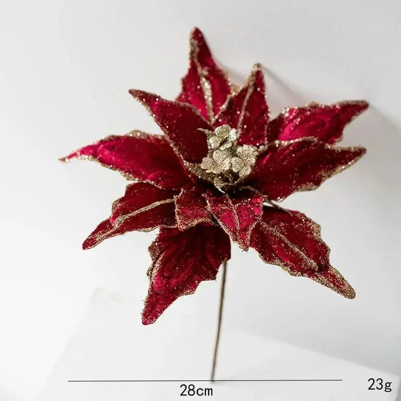 Enfeites árvore com poinsettia dourada e glitter vermelha Natalina Ricaly