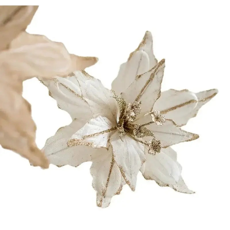 Poinsettia artificial branca com detalhes em glitter dourado para decoração natalina