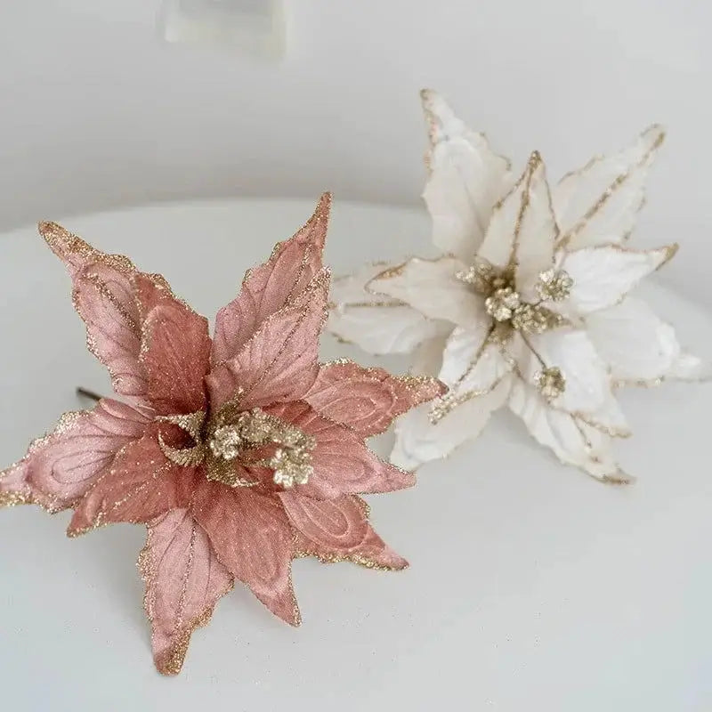 Duas flores decorativas de poinsettia para árvore de Natal dourada Ricaly