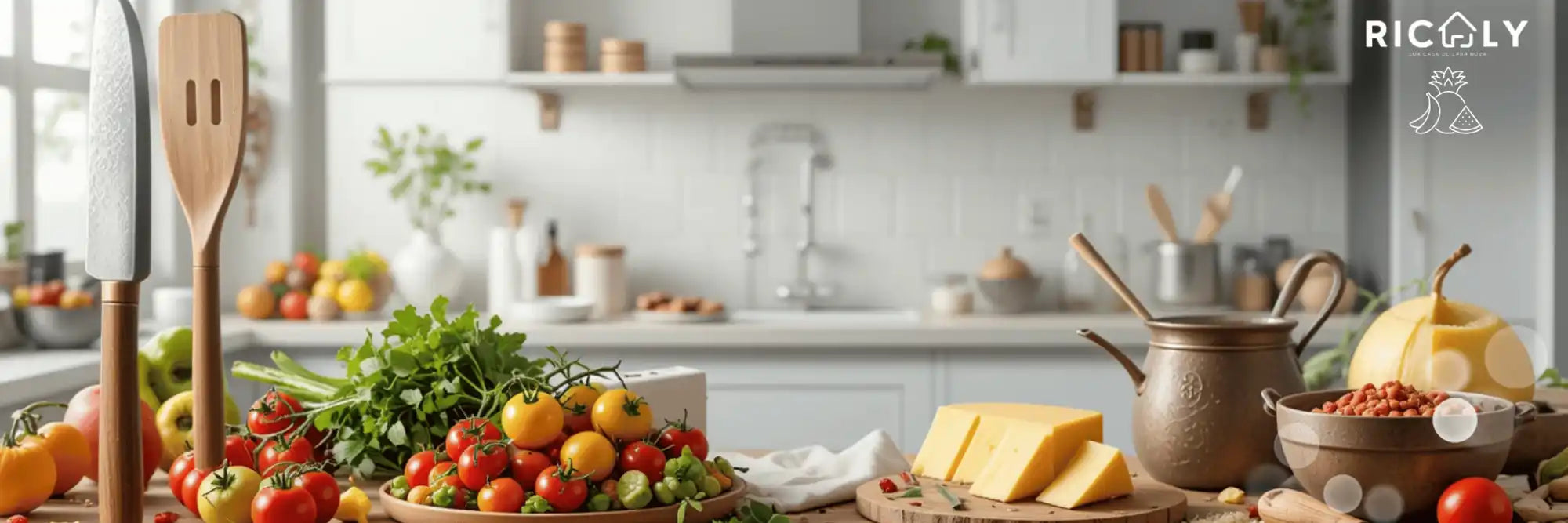 Produtos frescos e ingredientes para cozinhar dispostos em uma bancada de cozinha.