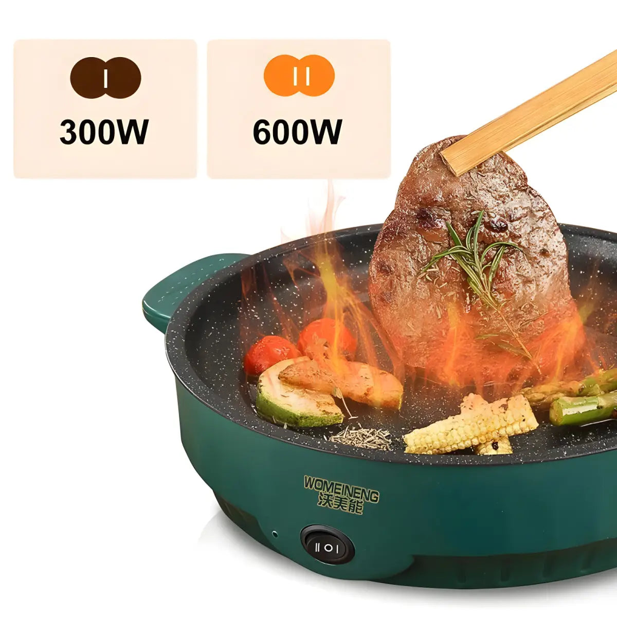 Frigideira Elétrica Multiuso SaborChef Ricaly cozinhando carne e legumes com chamas