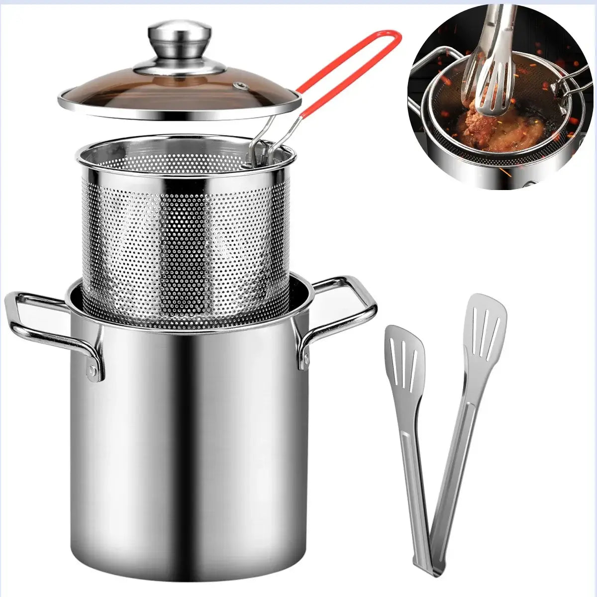 Panela funda de aço inox com cesta e pinças para fritura avançada Ricaly