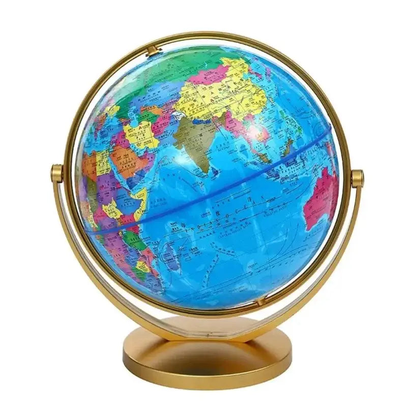 Globo terrestre colorido com suporte dourado em decoração vintage Ricaly