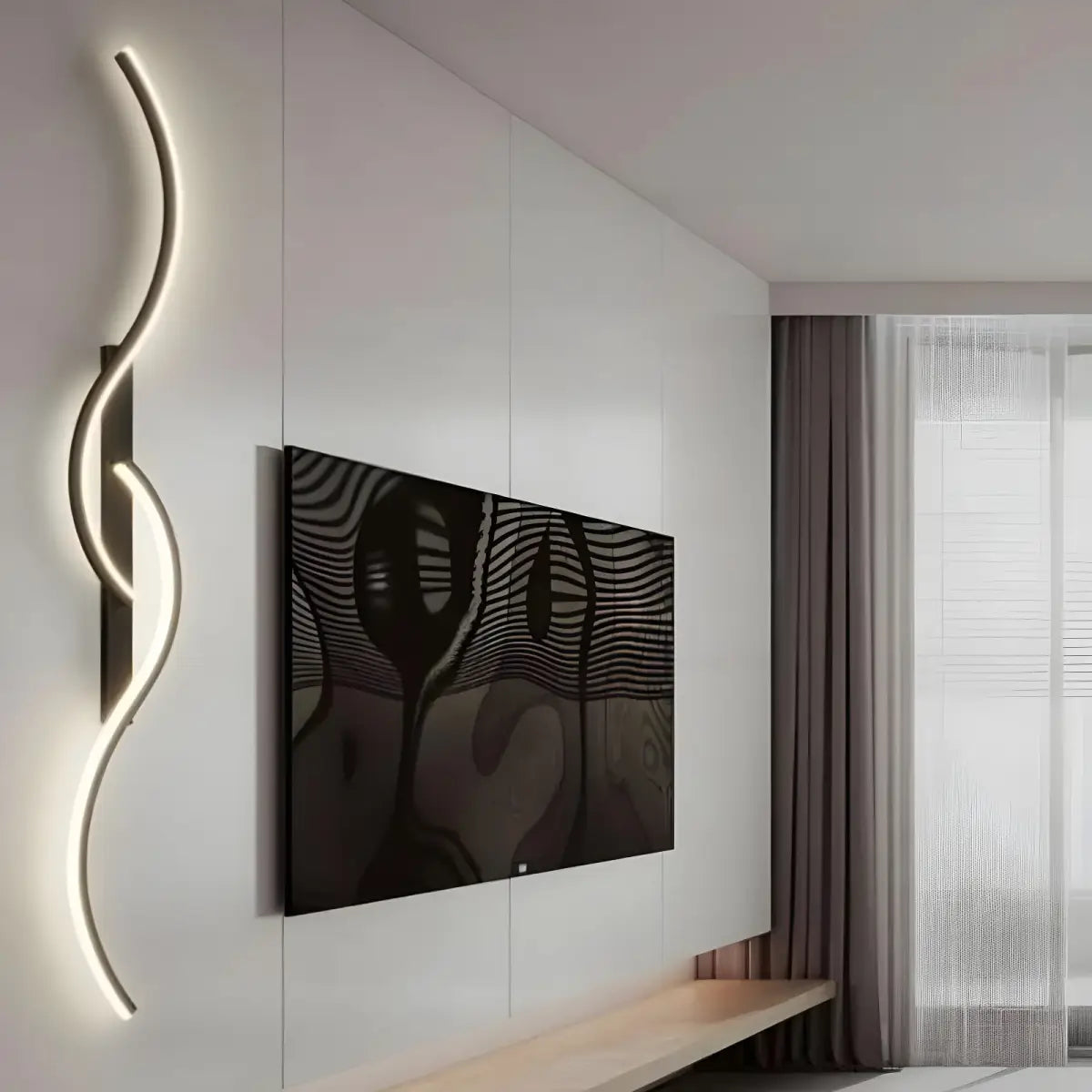 Arandela interna onda dupla preta Ricaly - design moderna, LED curva, 60cm fria