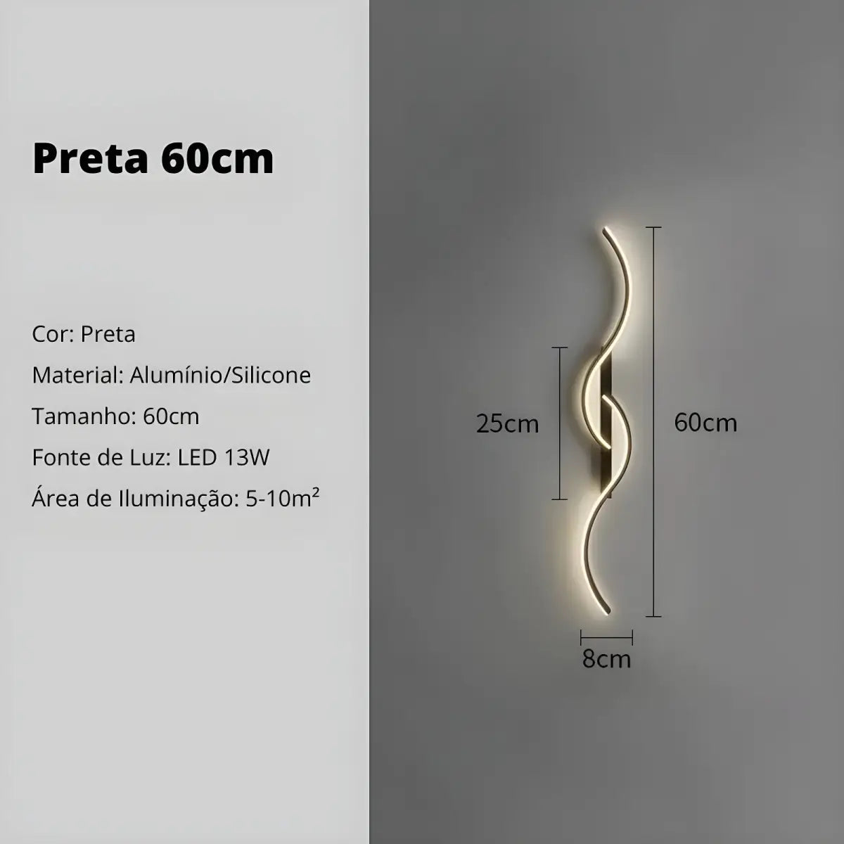 Arandela interna onda dupla preta LED com iluminação fria, inovadora Ricaly - design