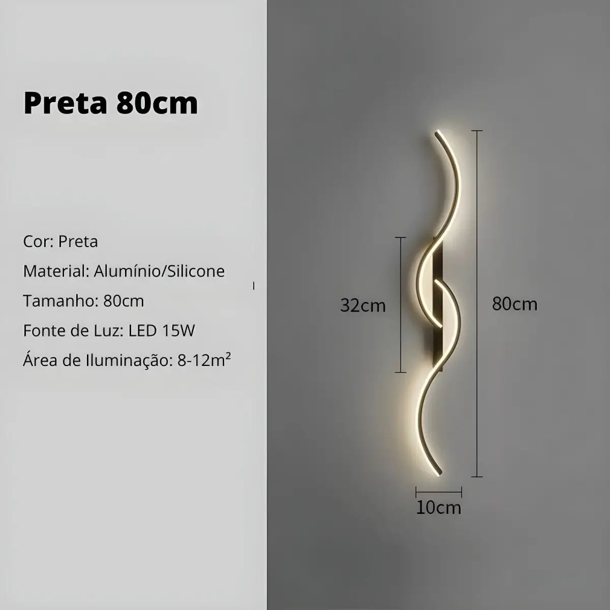 Luminária de parede preta de alumínio e silicone com design Arandela Interna Onda Dupla Ricaly