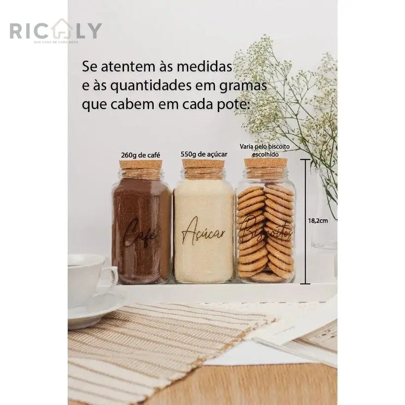 Kit 3 Potes de Vidro para Café, Açúcar e Biscoito - Ricaly + 3 Adesivos 3 Potes