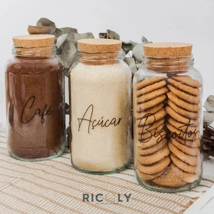 Kit 3 Potes de Vidro para Café, Açúcar e Biscoito - Ricaly + 3 Adesivos