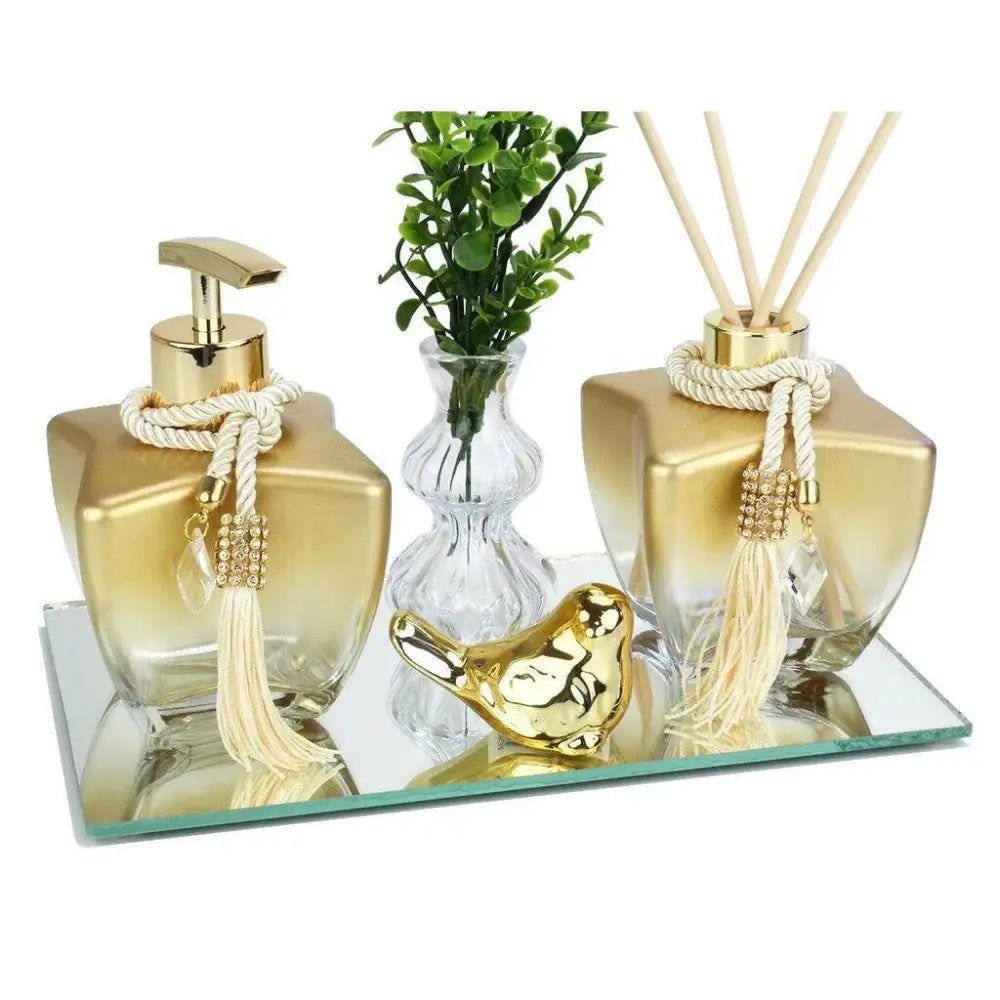 Kit Banheiro Lavabo Frascos de Vidro Estrela 280ml Decoração Super Luxo C/ Bandeja London - Ricaly Degrade Dourado Pássarinho