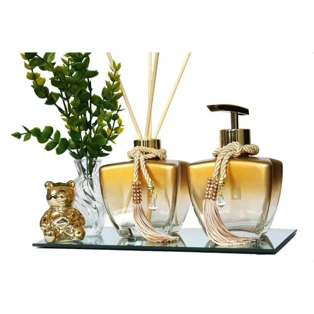 Kit Banheiro Lavabo Frascos de Vidro Estrela 280ml Decoração Super Luxo C/ Bandeja London - Ricaly Degrade Dourado Ursinho