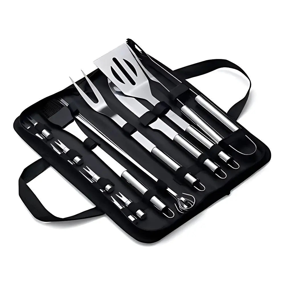 Kit Churrasco Aço Inox Premium com conjunto de utensílios em estojo preto