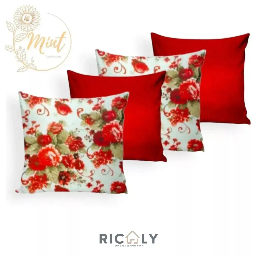 KIT de 4 Almofadas Decorativas com Enchimento de Espuma e Capas de Tércio BUQUÊ VERMELHO