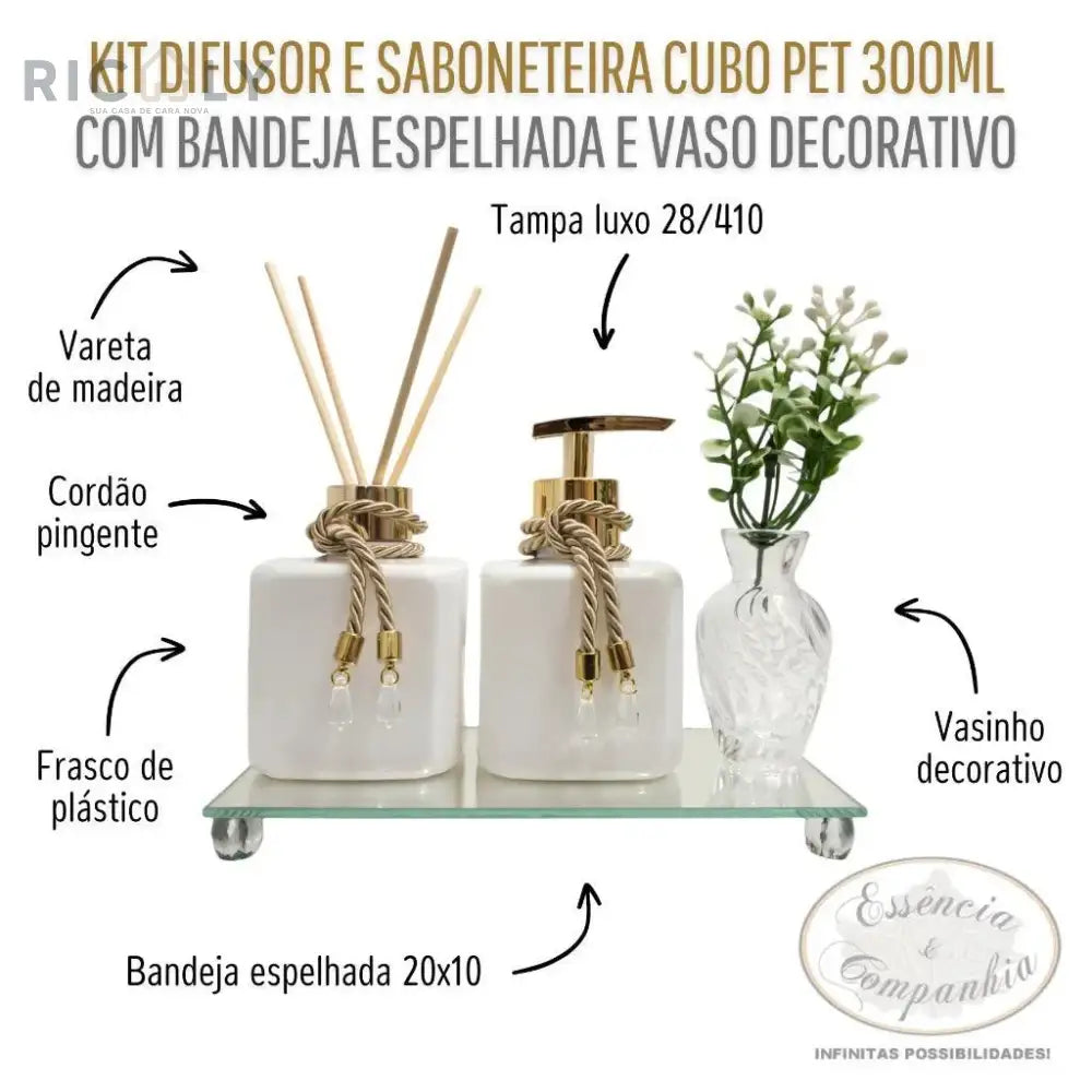 Kit Dourado Aromatizador e Saboneteira Pet Branco 300ml Com Bandeja Espelhada e Vaso Decorativo Lavabo - Ricaly