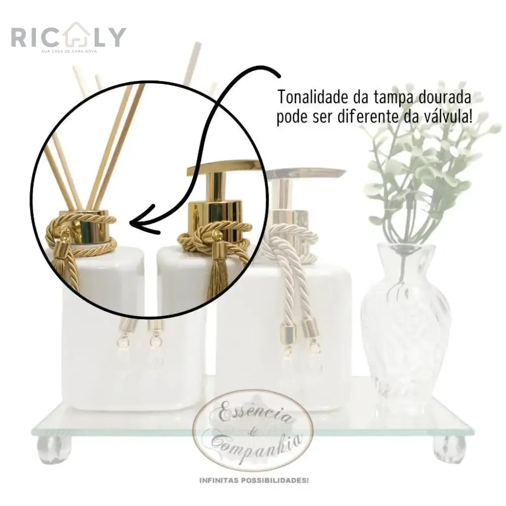 Kit Dourado Aromatizador e Saboneteira Pet Branco 300ml Com Bandeja Espelhada e Vaso Decorativo Lavabo - Ricaly