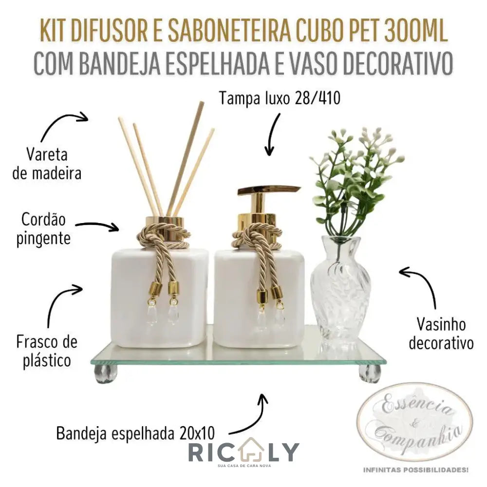 Kit Dourado Aromatizador e Saboneteira Pet Branco 300ml Com Bandeja Espelhada e Vaso Decorativo Lavabo - Ricaly