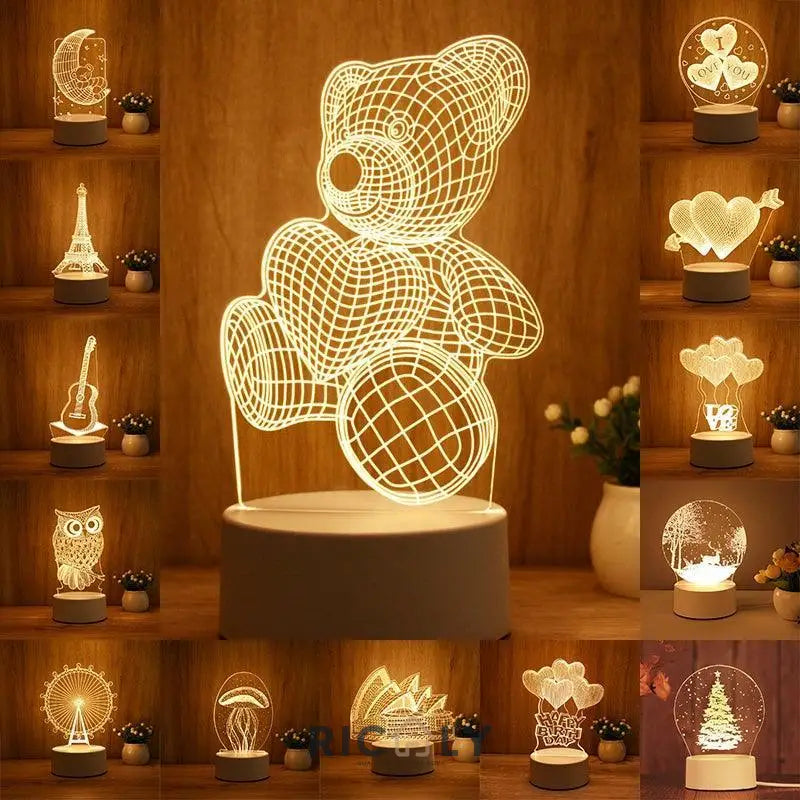 Lâmpada Noturna Luz Nocturna 3D Acrílica Led USB Abraço Urso Decoração Quarto Dia Dos Namorados Presente