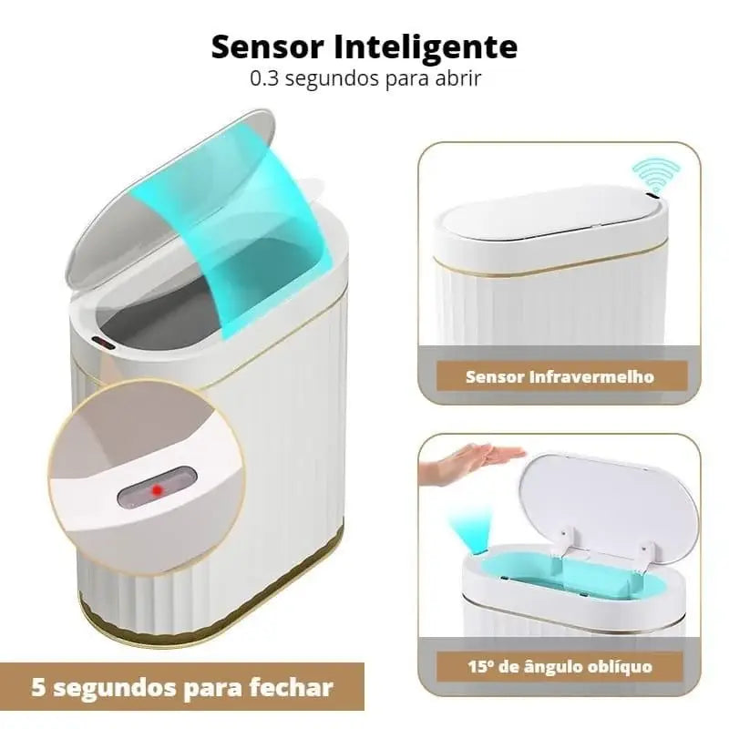 Lixeira Banheiro Automática Inteligente 9L oval branca e dourada