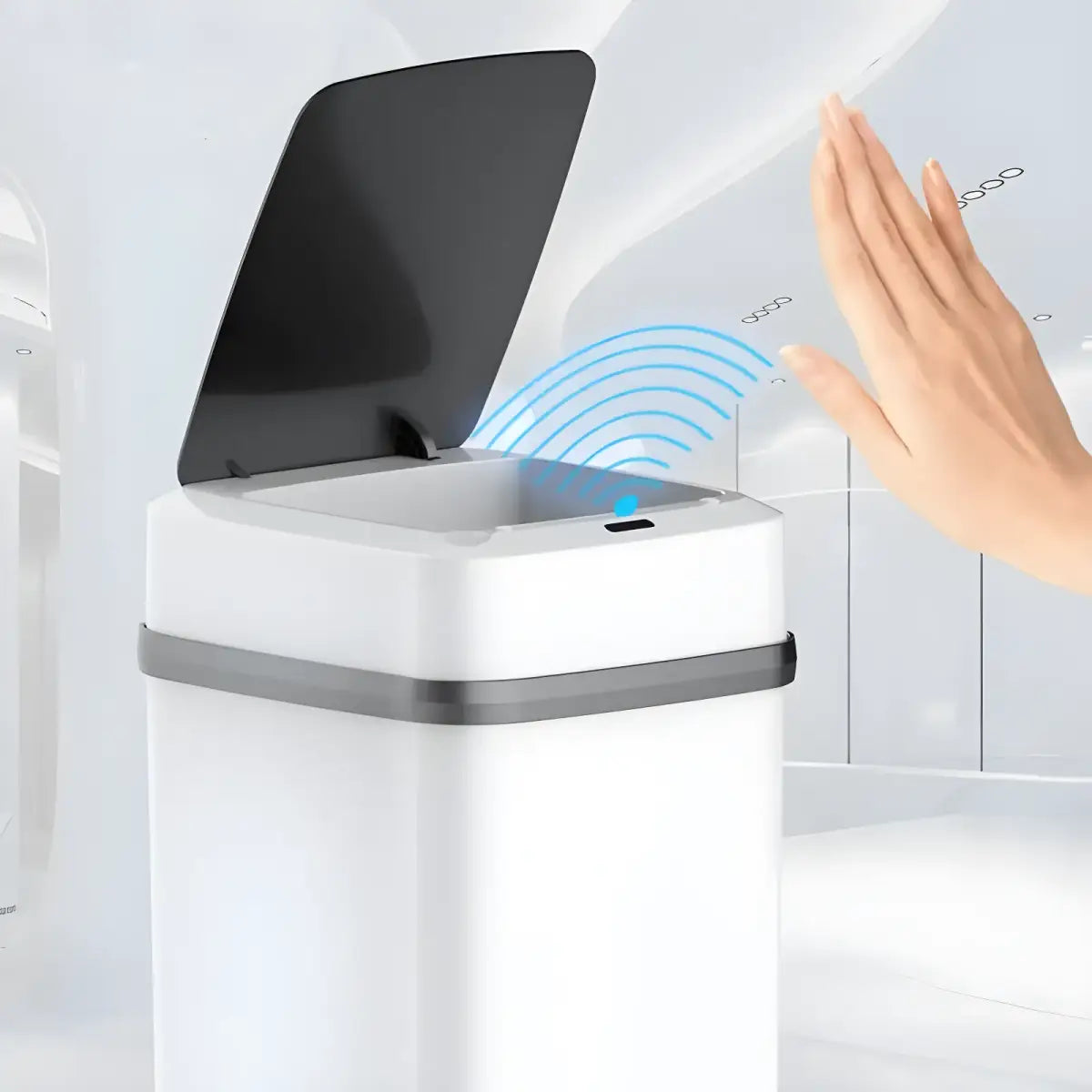 Lixeira inteligente branca com tampa automática e abertura, Ricaly SmartTouch Tecnologia