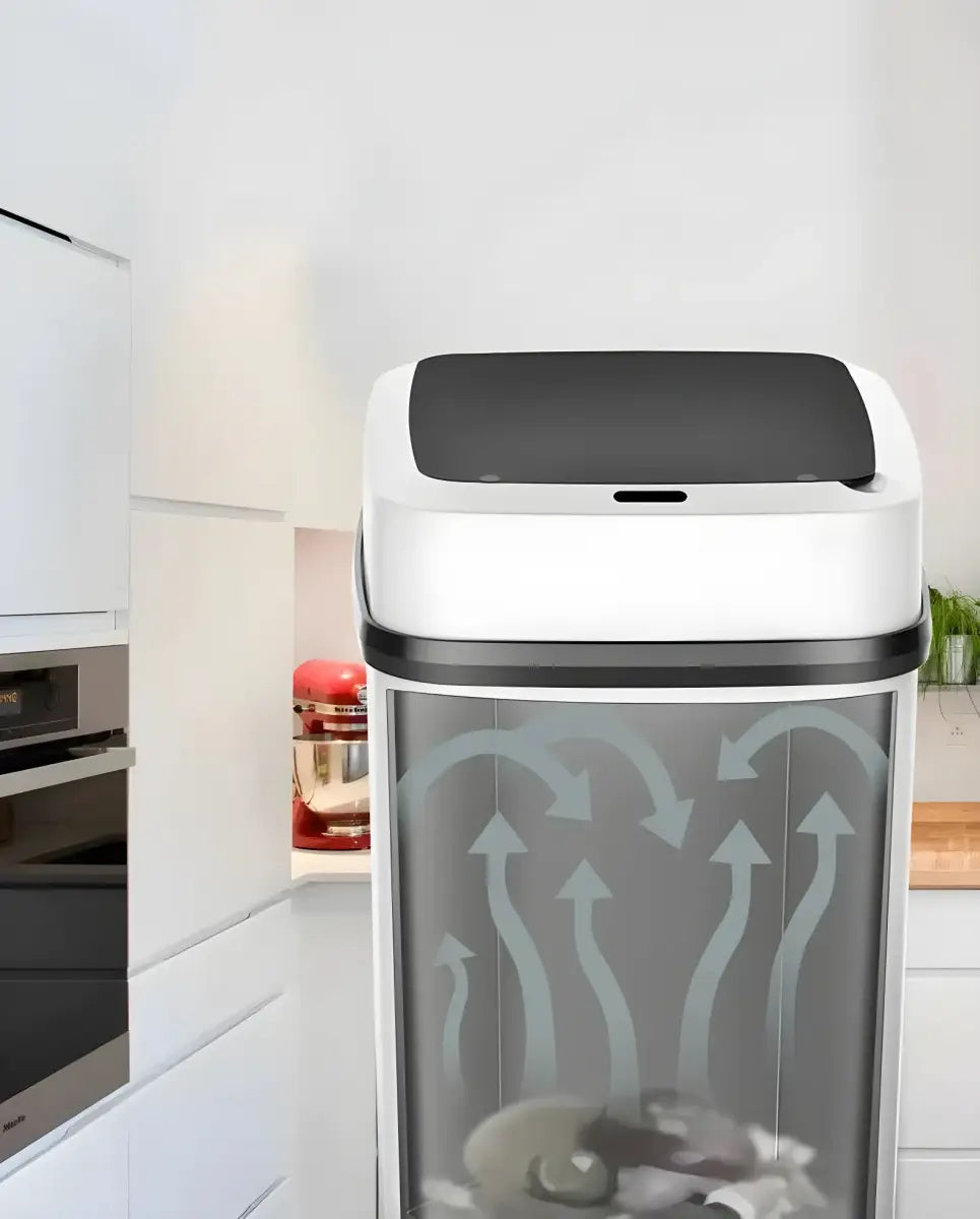 Imagem do Lixeira Inteligente SmarTouch com design branco e preto automático