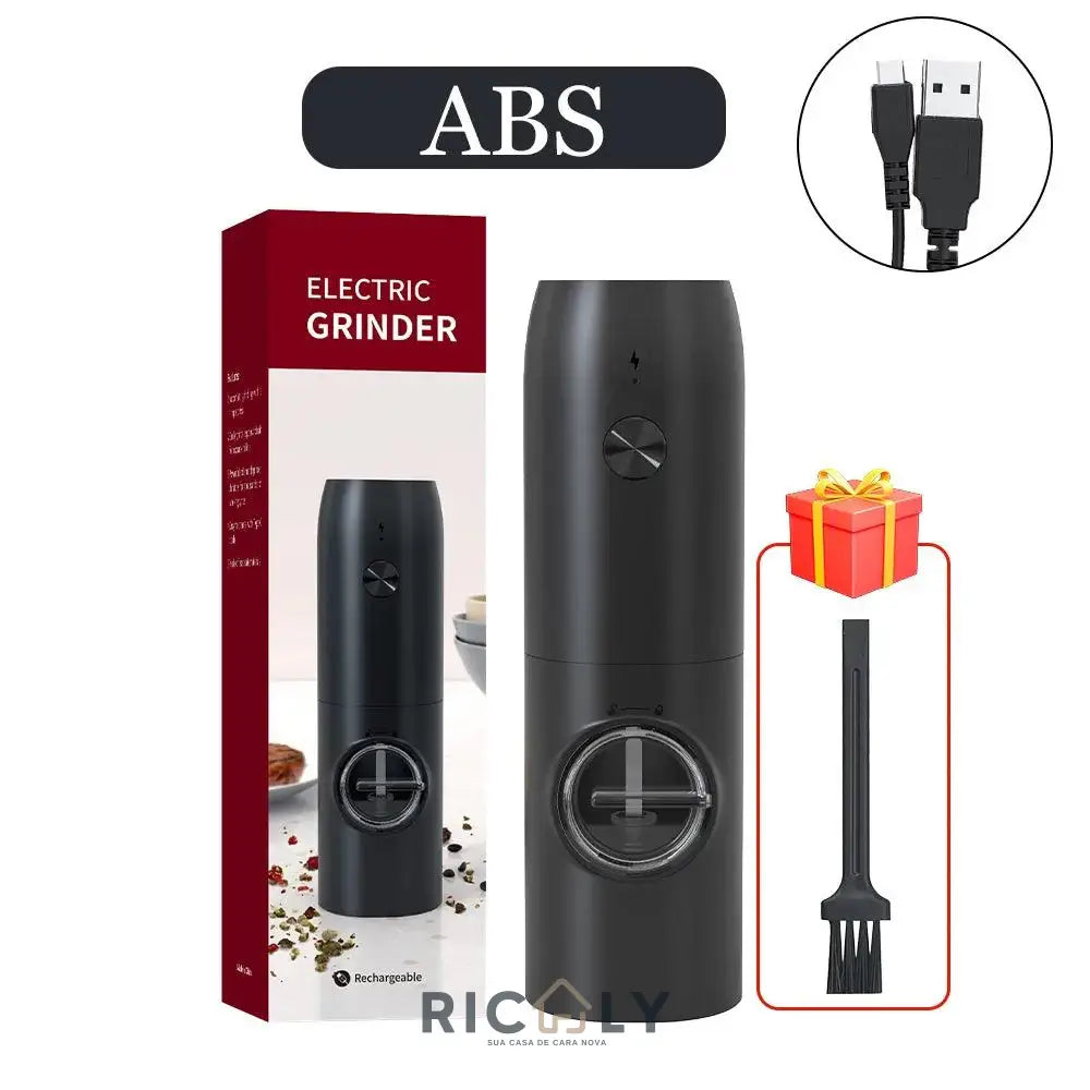 Moedor de Pimenta Elétrico Recarregável USB - Aço Inoxidável - 5 Níveis de Moagem - Perfeito para Cozinhas Modernas 1 Kit Preto com base