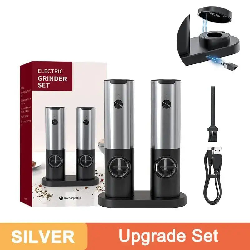 Moedor de Pimenta Elétrico Recarregável USB - Aço Inoxidável - 5 Níveis de Moagem - Perfeito para Cozinhas Modernas 2 Kit Prata com base