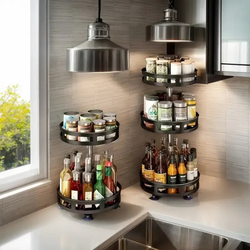 Espaçoso organizador de cozinha em aço com racks giratórios para especiarias
