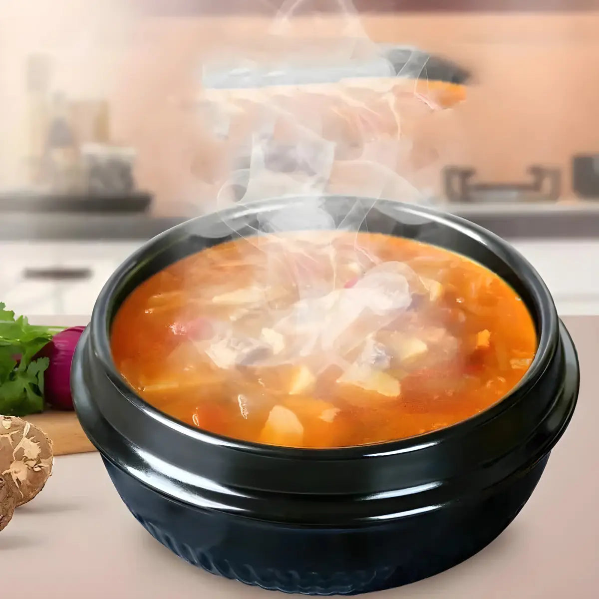 Sopa quente em uma panela Pedra Tradicional Sabor Autêntico 2 Peças Ricaly