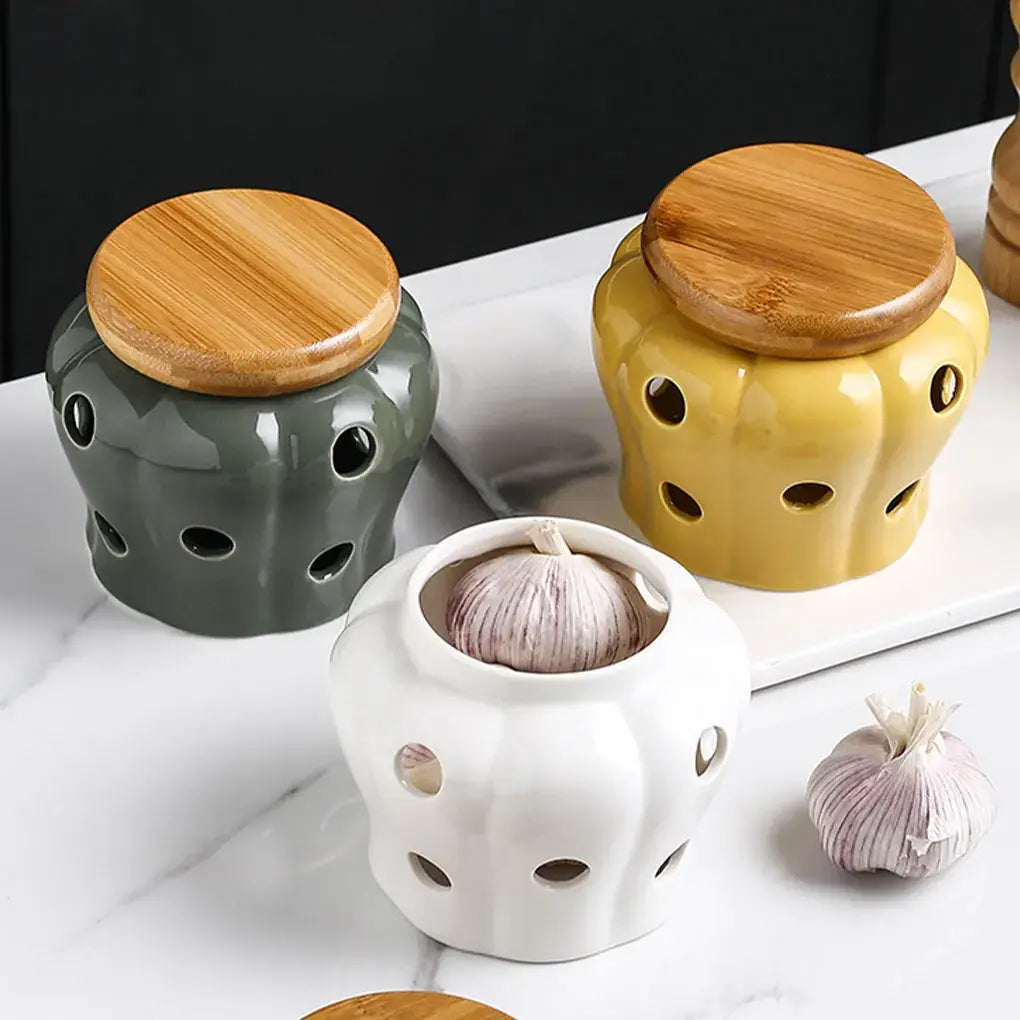 Recipientes Ventilados de Alho Cerâmico com Tampas Madeira Compre agora Ricaly