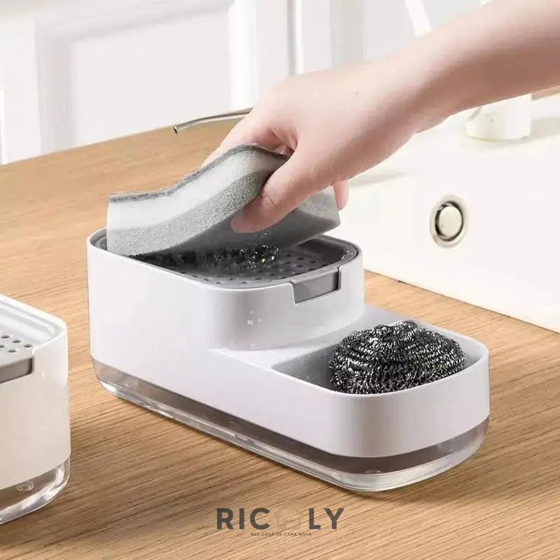 Ricaly CleanStation: Dispenser de Detergente e Porta Esponja Branco Duplo