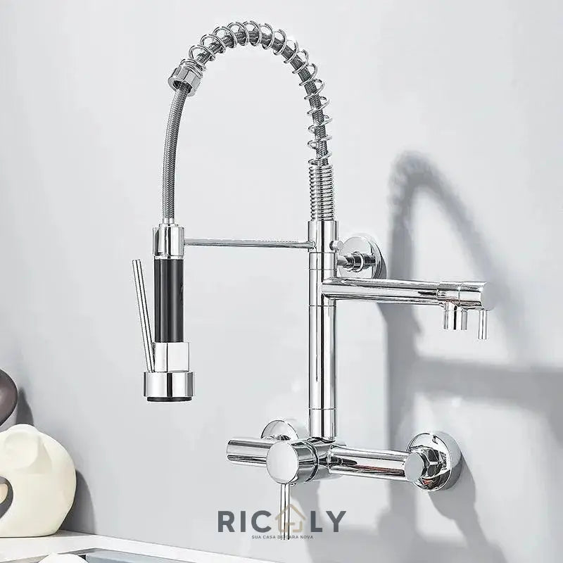 Ricaly: Torneira de Parede para Cozinha com Misturador Pull Out - Estilo e Praticidade! - Cromado Brilhante - Torneira